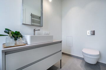 This bathroom showcases contemporary design with a clean aesthetic. A stylish sink with a mirror complements the sleek toilet and simple wooden decor, creating a functional space