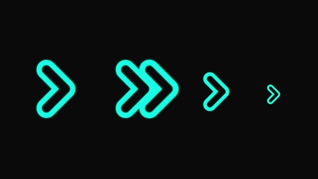 Cyan Neon Arrows Moving Right in Graduated Sizes on Dark Background glowing 4k video .