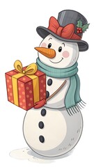 Snowman holding a gift on a transparent background