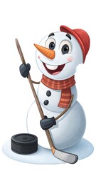 Snowman holding a hockey puck with a smile on a transparent background