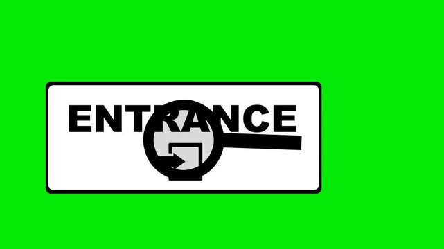 video animation drawing black and white of poster entrance and magnifying glass in searching for entry concept icon, on a green chroma key background