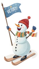 Snowman skiing and holding a victory flag on a transparent background
