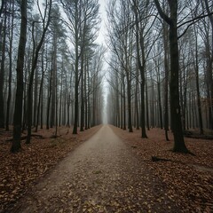 Fototapeta premium Straight forest path lined with tall bare trees and fallen autumn leaves