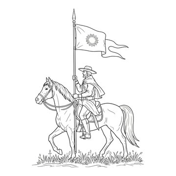 Historical Horseman with Flag, a Detailed Line Art Illustration.