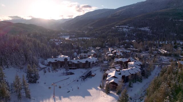 Whistler Creekside town aerial view at sunset, mountain village, ski resort, gondola. 4K 24FPS