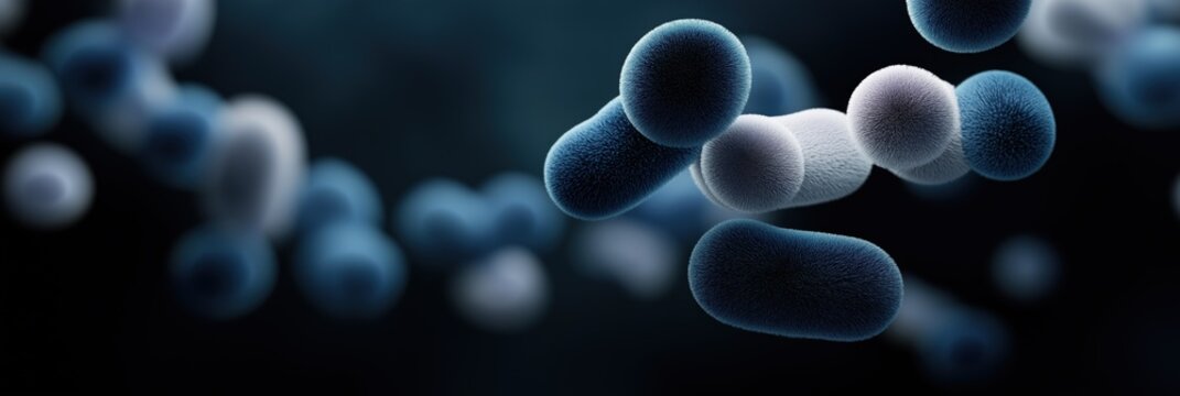 Abstract blue and white fuzzy molecular structures on dark background - Powered by Adobe