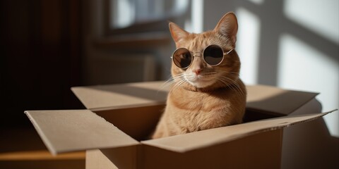 Cool orange tabby cat wearing sunglasses in a box with sunlight shadows