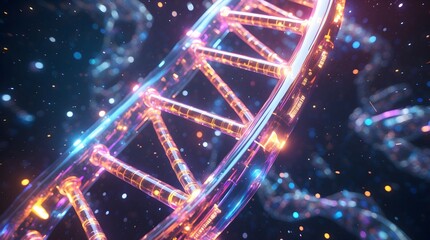 Futuristic 4K artwork showing glowing DNA helix constructed from glass and circuitry surrounded by holographic data particles and interstellar dust