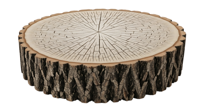 Crosssection of a thick tree stump with bark isolated on transparent background