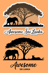 Awesome Sri Lanka Typography with Elephant Under Acacia Tree Silhouette Safari Landscape Sticker Set Vector Design
