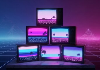 World television day stack of retro televisions displaying neon tropical landscapes