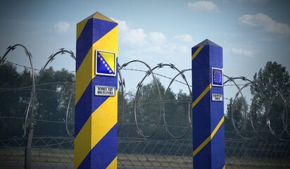 Border posts with flags of Bosnia and European Union - 3d illustration