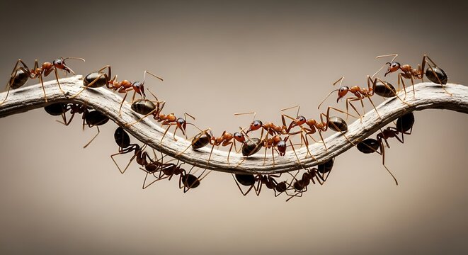 Ants crossing a wire, demonstrating teamwork and cooperation in nature. - Powered by Adobe