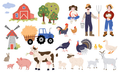 Collection of  farm elements, such as cow, pig, sheep, chicken, goose, barn, windmill, farmer, farmer's wife, child, tractor, and fruit trees. Perfect for educational a