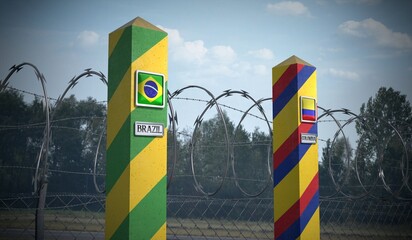 Border posts with flags of Brazil and Colombia - 3d illustration