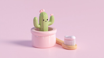 Cute cactus dental decoration with toothbrush on pastel pink background highlights fun dentist theme