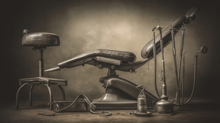 Vintage dentist chair and tools in a historic dental setting, showcasing traditional dental practices from the past