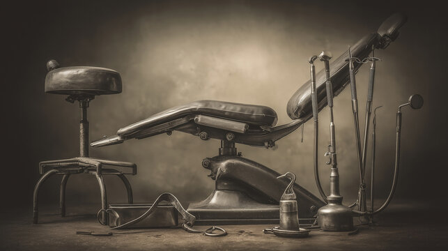 Vintage dentist chair and tools in a historic dental setting, showcasing traditional dental practices from the past