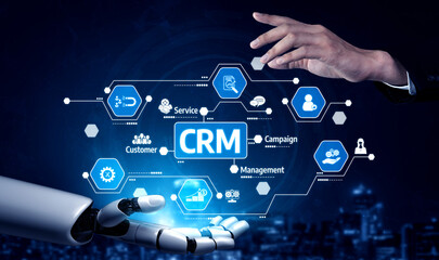 Visualize the integration of technology in customer relationship management with a robotic hand and human interaction, showcasing a modern marketing strategy and innovation. Tessel