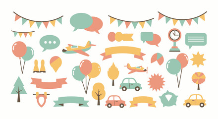 Whimsical Party Decorations and Celebration Elements Featuring Balloons Banners Airplanes Cars Trees and Speech Bubbles for Festive Events