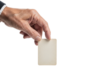 Elderly caucasian hand, deeply wrinkled and sun-spotted, gently holding a card on a transparent background with high-key lighting, concept of forgotten knowledge and time