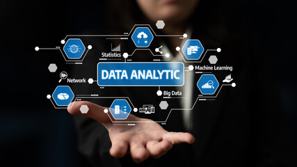 Fototapeta premium A graphic representation of modern data analytics, showcasing various concepts such as big data, machine learning, and statistics in a professional context. Tessel