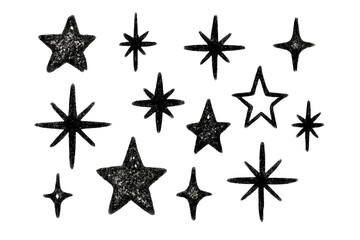 Obraz premium Various black stars in hand-drawn style on white background for Christmas 