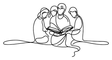 Students group reading open book continuous line drawing – collaborative study education team art