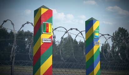 Border posts with flags of Cameroon and Gabon - 3d illustration