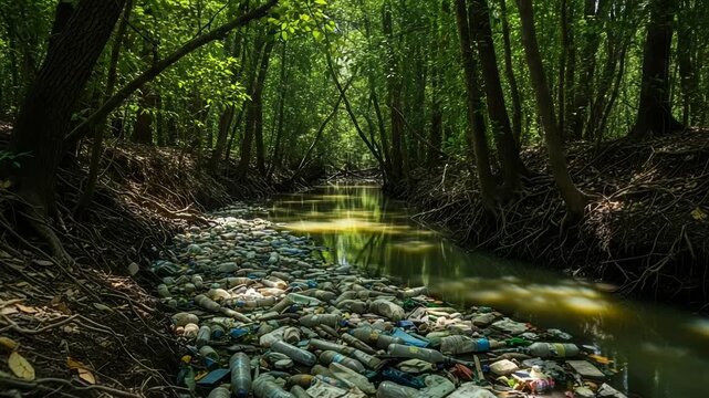 Plastic pollution choking a forest stream with bottles