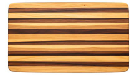 Wooden cutting board with horizontal stripes of light and dark wood, isolated on transparent background
