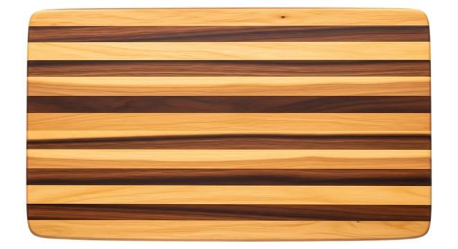 Wooden cutting board with horizontal stripes of light and dark wood, isolated on transparent background