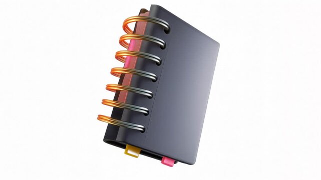 Three dimensional spiral bound notebook icon featuring a dark cover and bright orange coil for office supply, planning, note taking, and organized workflow in professional contexts