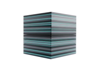 Perfectly aligned stack of sleek, deep charcoal grey data panels, each with a luminous teal edge, forming a monolithic block, on a transparent background with copy space. Concept of futuristic data