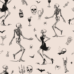 Vector Halloween seamless pattern with dance of skeletons. Hand painted holiday template isolated on beige background. Illustration for design, print or background.