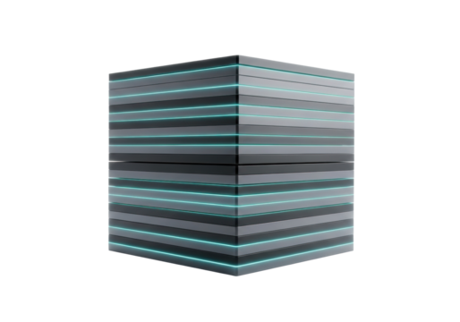 Perfectly aligned stack of sleek, deep charcoal grey data panels, each with a luminous teal edge, forming a monolithic block, on a transparent background with copy space. Concept of futuristic data