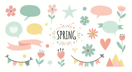 Whimsical Spring Collection Featuring Flowers Hearts Stars and Speech Bubbles for Cheerful Design Elements