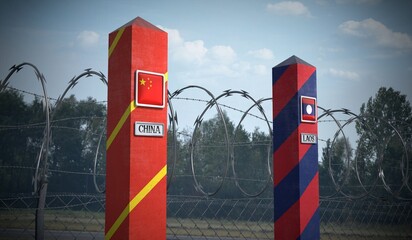 Border posts with flags of China and Laos - 3d illustration