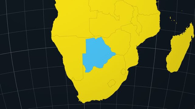Botswana map. Animated zoom into the country on the Globe in Charcoal Bright Yellow color palette. Country logo animation. Map with meridians, parallels. Authentic video.
