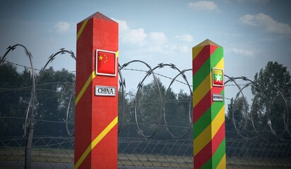 Border posts with flags of China and Myanmar - 3d illustration