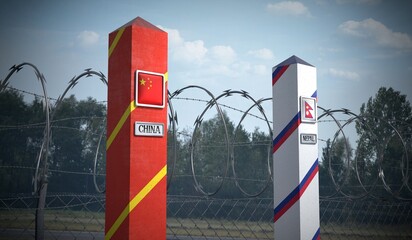 Border posts with flags of China and Nepal - 3d illustration