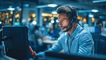 A young IT professional wearing an overhead headset works intently on a computer in a high-tech modern office, illuminated by digital screens and cinematic lighting, symbolizing innovation and focus - Powered by Adobe