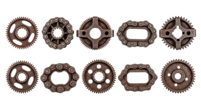 Two rows of heavily rusted vintage cast iron gears, chains, and cogwheels with detailed wear, against a transparent studio background with copy space, industrial legacy concept