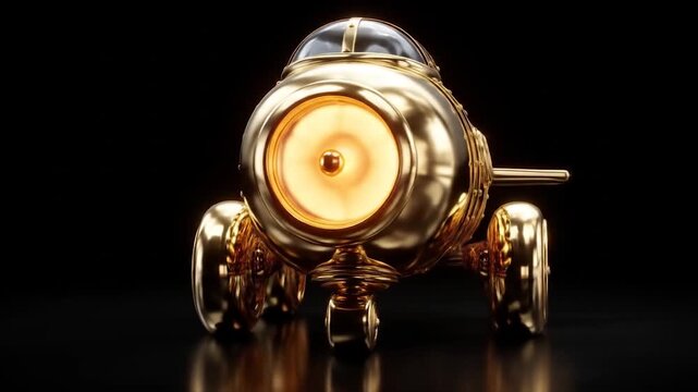 Golden futuristic airplane with wheels on dark background - Powered by Adobe