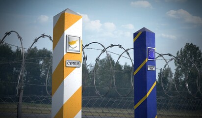 Border posts with flags of Cyprus and European Union - 3d illustration