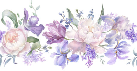 Watercolor Floral Border Clipart: Iris, Peony, Tulip (PNG), purple flower frame, seamless frieze © WonderWonder
