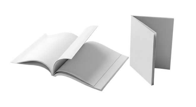 Two blank notebooks, one open and one closed, isolated on transparent background