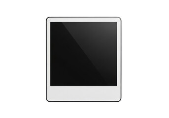 Ultra-sleek, pristine, matte black instant photo display frame with polished, reflective bezel, isolated on stark white background with copy space, soft studio lighting. Concept of futuristic digital