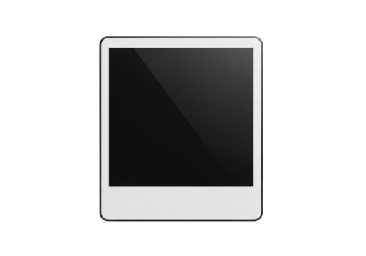 Ultra-sleek, pristine, matte black instant photo display frame with polished, reflective bezel, isolated on stark white background with copy space, soft studio lighting. Concept of futuristic digital