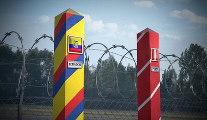 Border posts with flags of Ecuador and Peru - 3d illustration